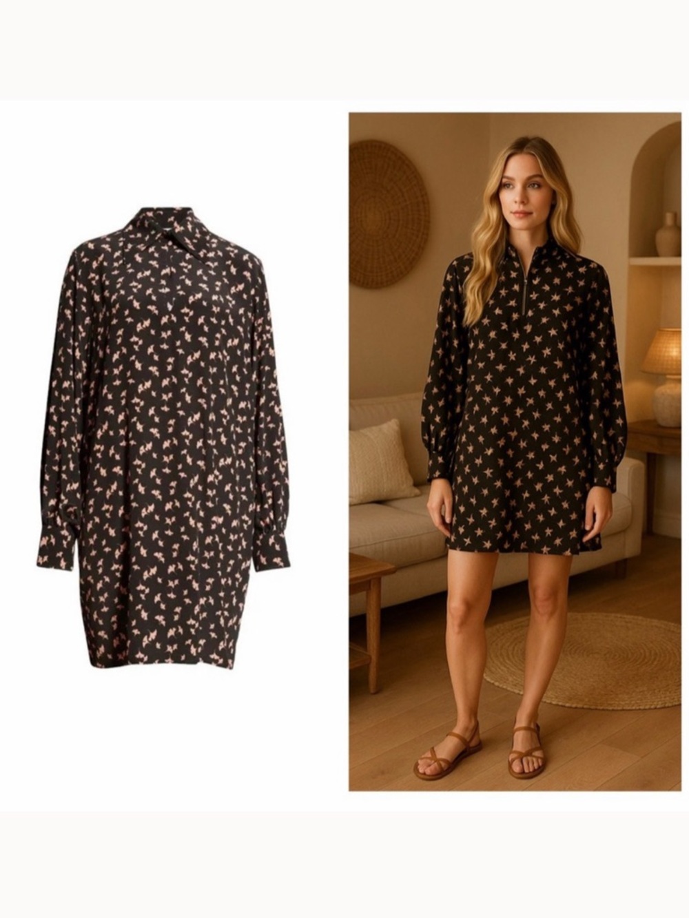 Chloé Black Tan Mini Dress Silk Ginkgo Print Shirt 10 Boho Cocktail Party NWT 🟡
